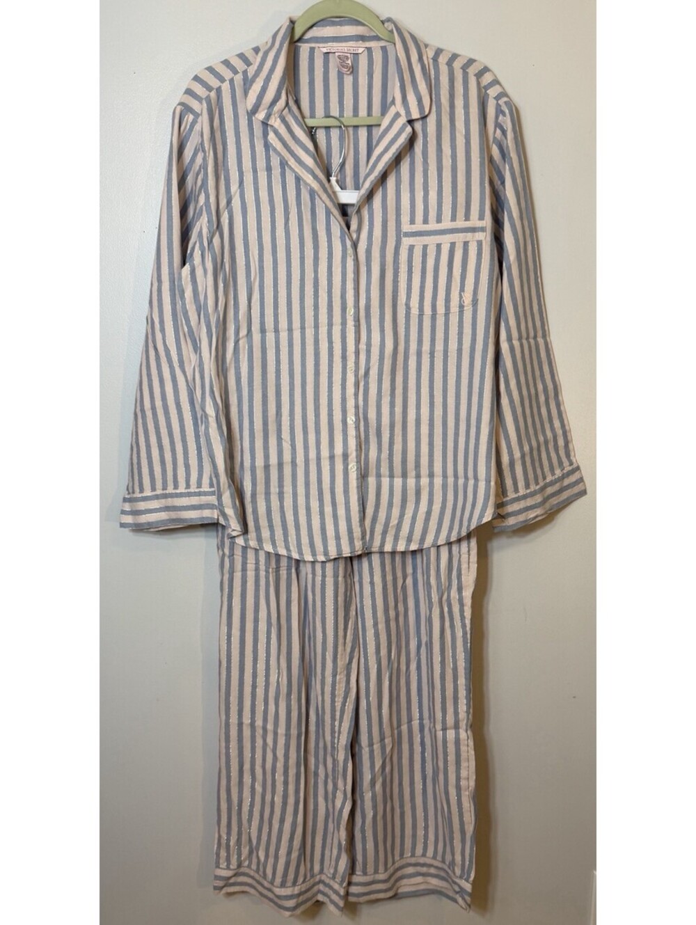 Victoria Secret Pink & Blue Stripe Soft Pajamas Lurex Sparkle Shimmer Large EUC